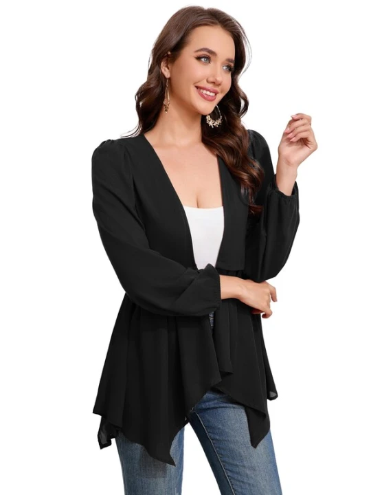 Obrázek produktu KoJooin Blejzr 'Damen-Cardigan mit drapierter Vorderseite, langen Ärmeln und asymmetrischem Wasserfallsaum, leicht' černá