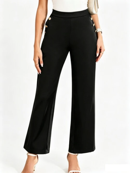 Obrázek produktu KoJooin Kalhoty 'Weit geschnittene Anzughose für Damen, hochtaillierte Arbeitshose, Business-Casual-Hose mit Knöpfen' černá
