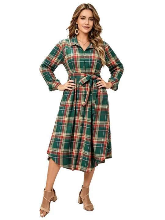 Obrázek produktu KoJooin Košilové šaty 'Damen Plus Size Kariertes Kleid mit Bindeband, Knopfleiste, Taschen und geschwungenem Saum' zelená