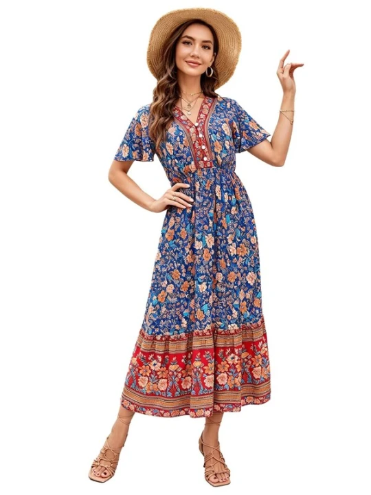 Obrázek produktu KoJooin Šaty 'Damen Maxikleid mit V-Ausschnitt, Flare-Ärmeln, High Waist & platzierter Printoptik' tmavě modrá