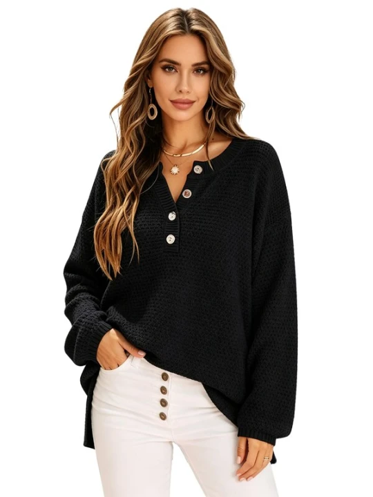 Obrázek produktu KoJooin Svetr 'Damen Halbgeöffnete Strickjacke mit Knöpfen – Lässiger, lockerer Cardigan für gemütliche Looks' černá