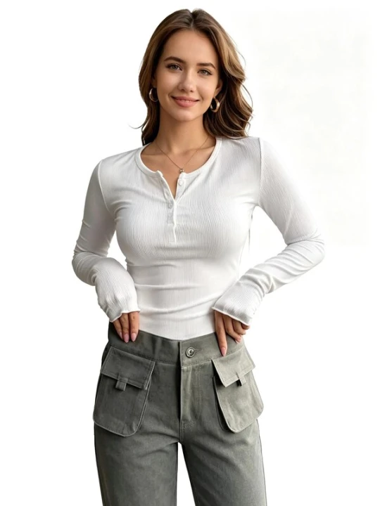 Obrázek produktu KoJooin Top 'Damen-Langarm-Henley-T-Shirts, gerippt, mit Knöpfen, schmal geschnitten, Basic-Tops, Blusen, Freizeit' bílá