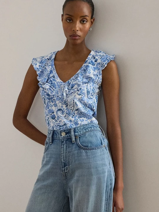 Obrázek produktu Lauren Ralph Lauren Halenka volánkem dámská bavlněná modrá