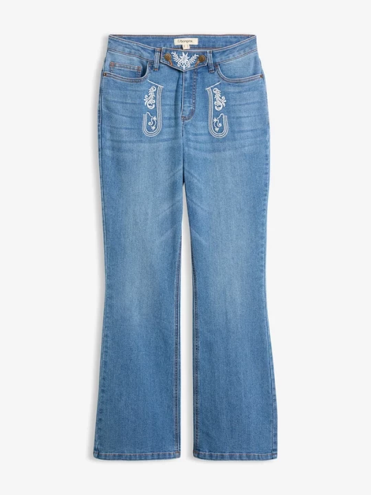 Obrázek produktu Ludowe jeansy bootcut, mid waist, z haftem BonPrix niebieski