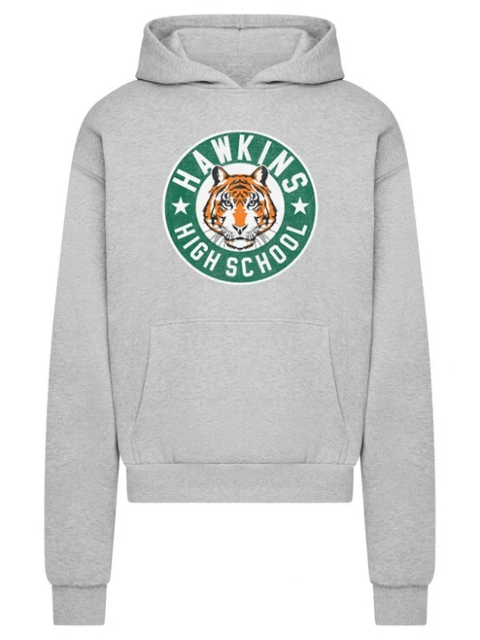 Obrázek produktu Merchcode Mikina 'Stranger Things Hawkins Tigers' šedá / zelená / oranžová / bílá