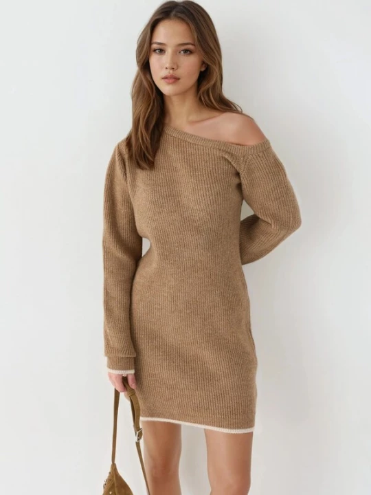 Obrázek produktu My fashion Úpletové šaty velbloudí / bílá