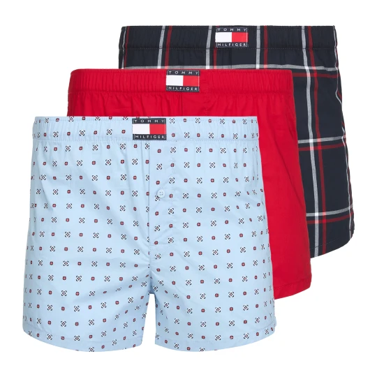 Obrázek produktu Pánské boxerky Tommy Hilfiger Woven Boxer Print 3 pack rwb foulard / med red / rwb w chck Barevné