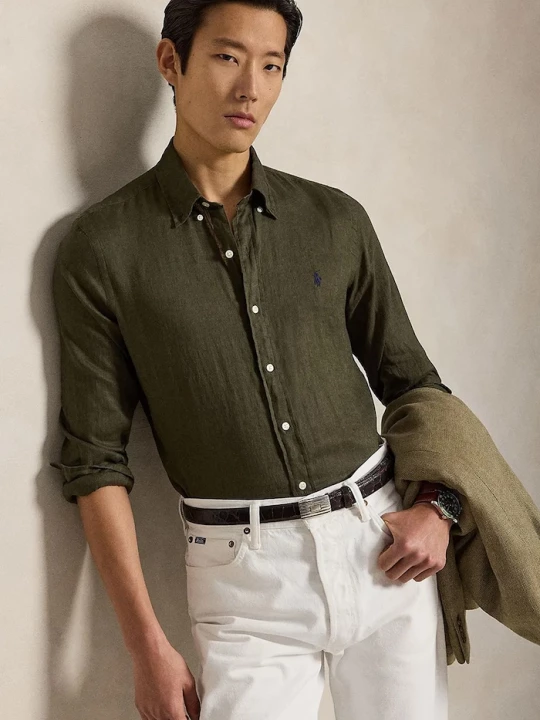 Obrázek produktu Polo Ralph Lauren košile pánská lněná Long Sleeve Sport Shirt hnědá