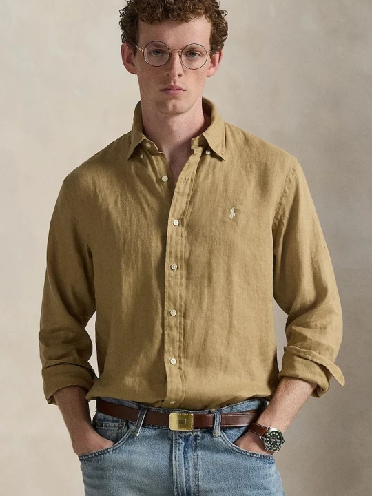 Obrázek produktu Polo Ralph Lauren košile pánská lněná Long Sleeve Sport Shirt hnědá