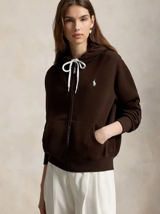 Obrázek produktu Polo Ralph Lauren rozepínací mikina s kapucí dámská s bavlnou hnědá