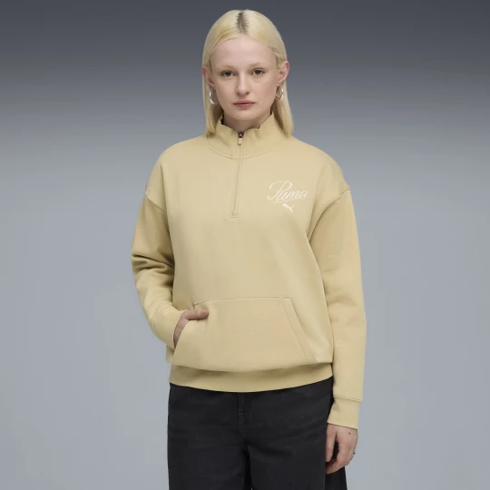 Obrázek produktu PUMA Essentials Script Relaxed High-Neck Half-Zip Crew Sweatshirt Women, Clothing, Pebble Path