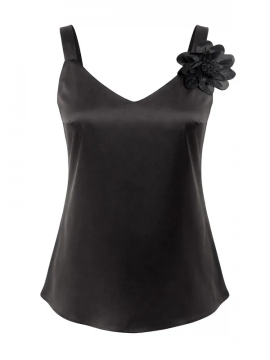 Obrázek produktu REGINA FASHION Top 'V-Neck Satin Top with 3D Flower Detail' černá