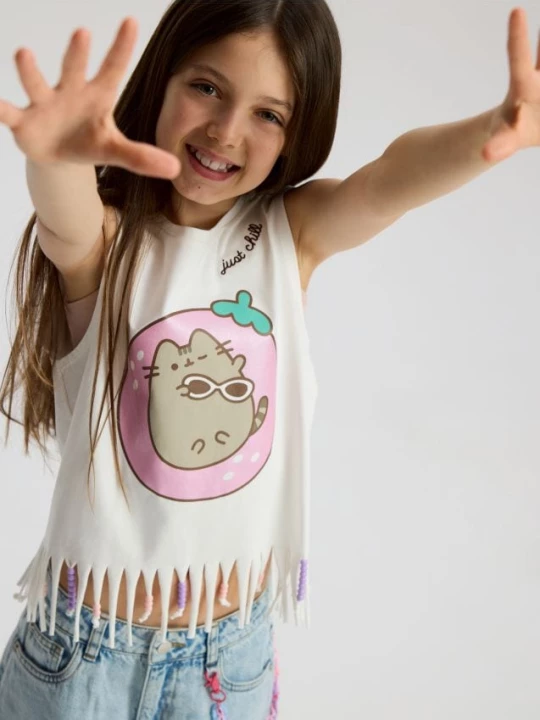 Obrázek produktu Reserved - Top s třásněmi Pusheen - krémová