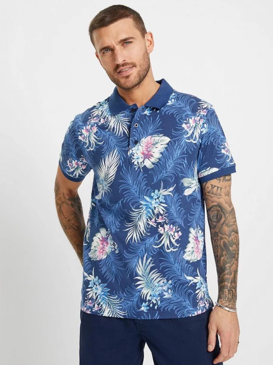 Obrázek produktu Shirt polo z dżerseju, z nadrukiem w hawajskim stylu, krótki rękaw BonPrix niebieski
