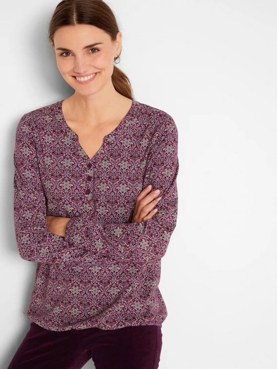 Obrázek produktu Shirt z długim rękawem, dekoltem henley i nadrukiem BonPrix fioletowy