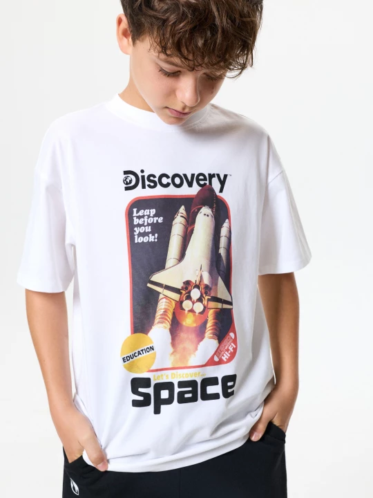 Obrázek produktu Sinsay - Bawełniana koszulka oversize z nadrukiem Discovery - biały