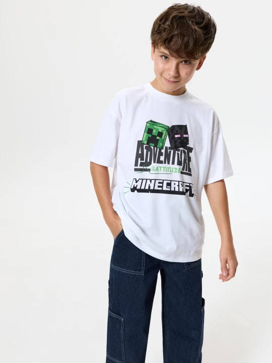 Obrázek produktu Sinsay - Bawełniana koszulka oversize z nadrukiem Minecraft - biały