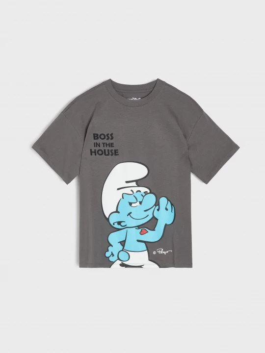Obrázek produktu Sinsay - Bawełniana koszulka oversize z nadrukiem The Smurfs - szary