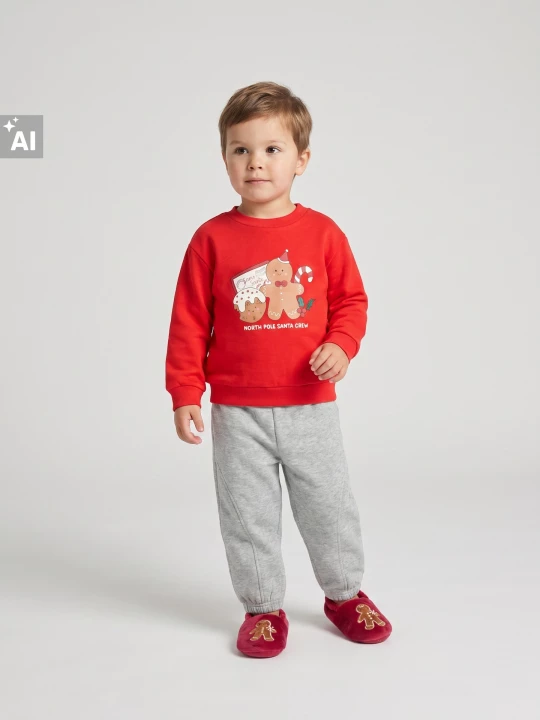 Obrázek produktu Sinsay - Bawełniana bluza świąteczna crewneck z nadrukiem ludzika piernikowego - czerwony