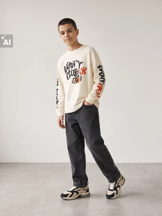 Obrázek produktu Sinsay - Bawełniana koszulka longsleeve z nadrukiem graffiti - kremowy