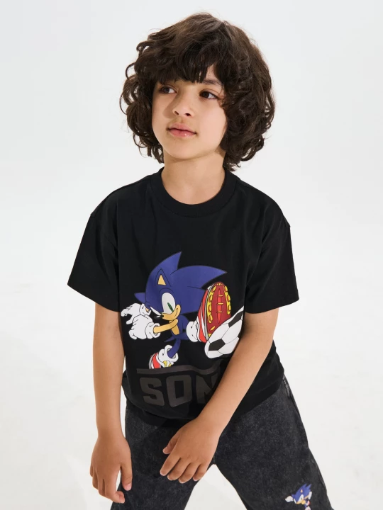 Obrázek produktu Sinsay - Bawełniana koszulka loose z nadrukiem Sonic the Hedgehog - czarny