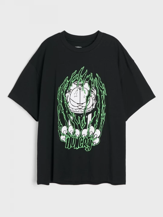 Obrázek produktu Sinsay - Bawełniana koszulka oversize z nadrukiem Garfield - czarny