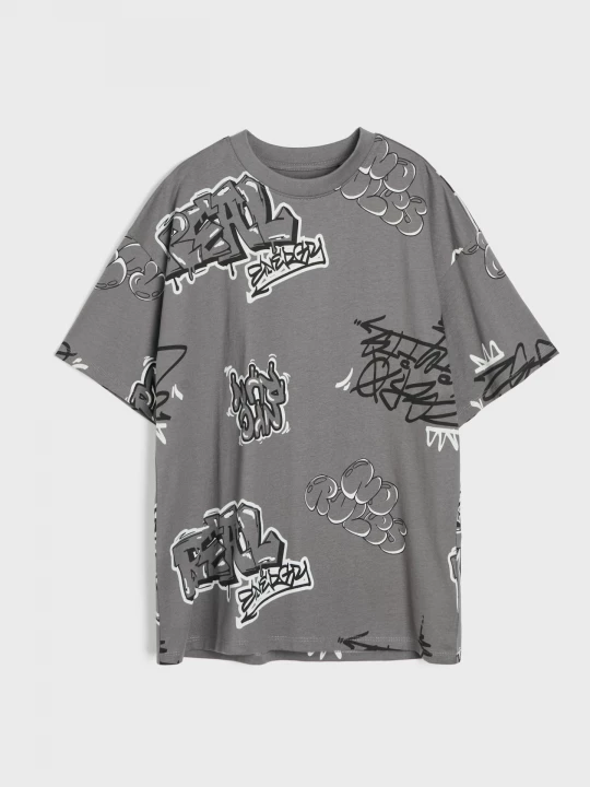 Obrázek produktu Sinsay - Bawełniana koszulka oversize z nadrukiem graffiti - szary