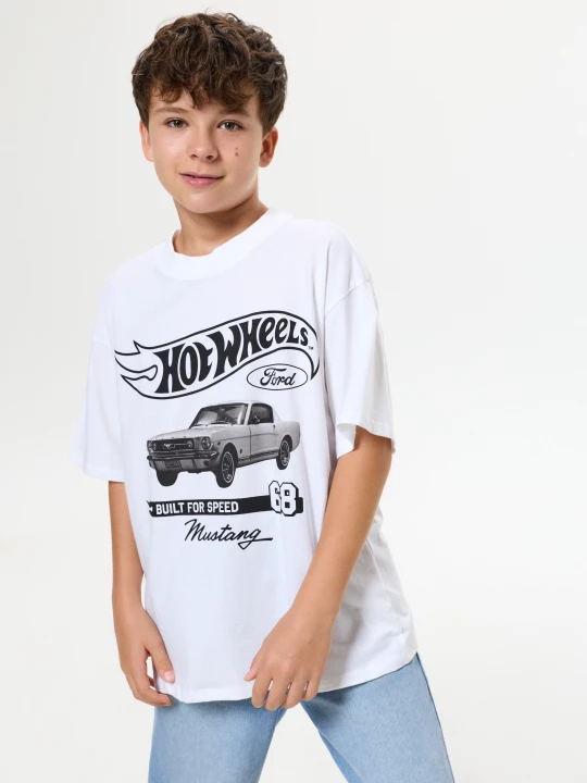 Obrázek produktu Sinsay - Bawełniana koszulka oversize z nadrukiem Hot Wheels - biały