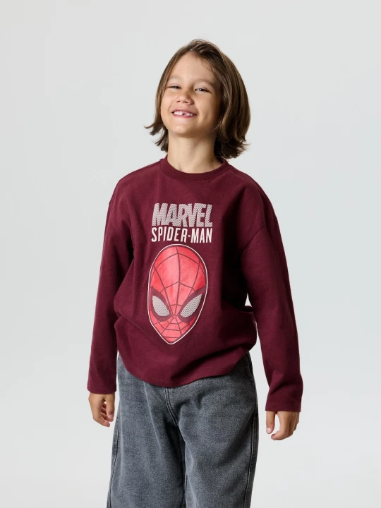 Obrázek produktu Sinsay - Bawełniana koszulka oversize z nadrukiem Spider-Man - bordowy