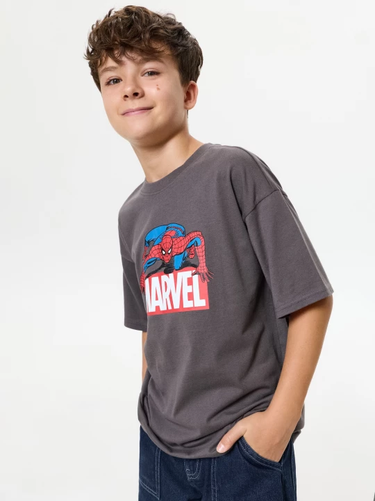 Obrázek produktu Sinsay - Bawełniana koszulka oversize z nadrukiem Spider-Man - szary