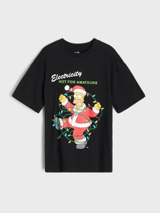 Obrázek produktu Sinsay - Bawełniana koszulka oversize z nadrukiem świątecznym The Simpsons - czarny