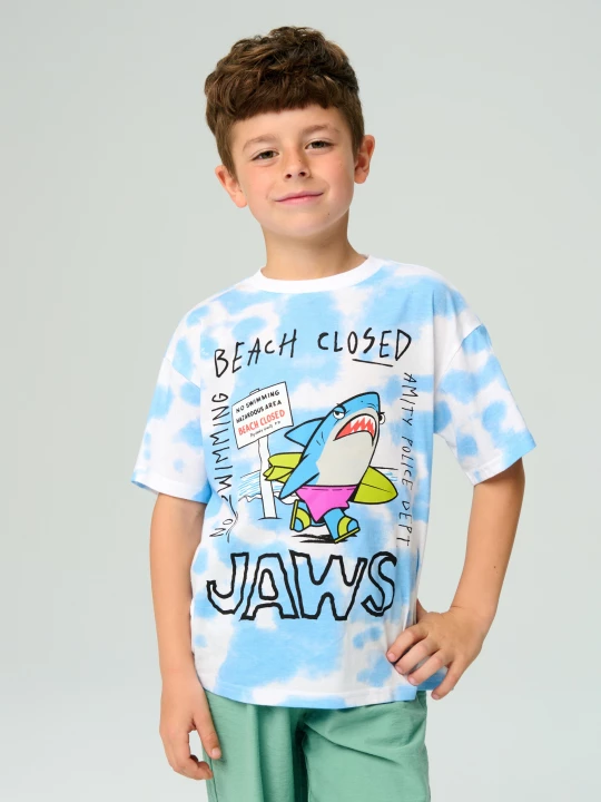 Obrázek produktu Sinsay - Bawełniana koszulka z efektem tie-dye Jaws - błękitny