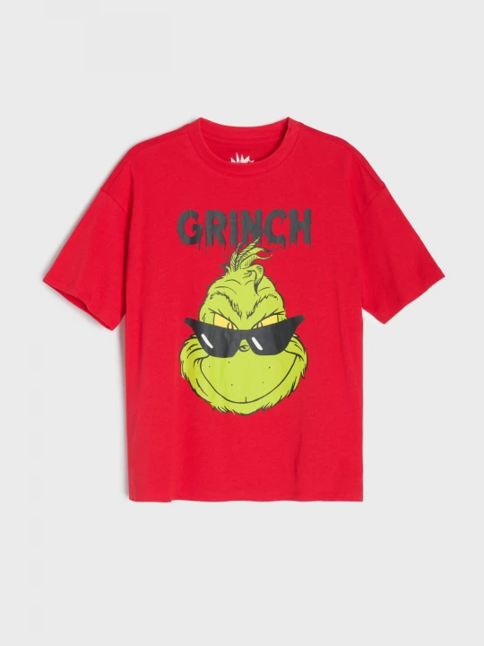 Obrázek produktu Sinsay - Bawełniana koszulka z motywem świątecznym Grinch - czerwony