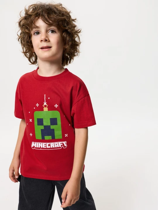 Obrázek produktu Sinsay - Bawełniana koszulka z motywem świątecznym Minecraft - czerwony