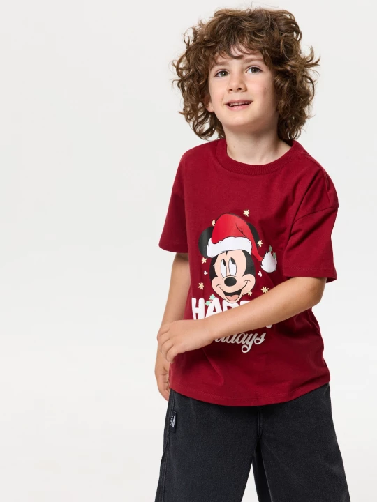 Obrázek produktu Sinsay - Bawełniana koszulka z nadrukiem świątecznym Mickey Mouse - bordowy
