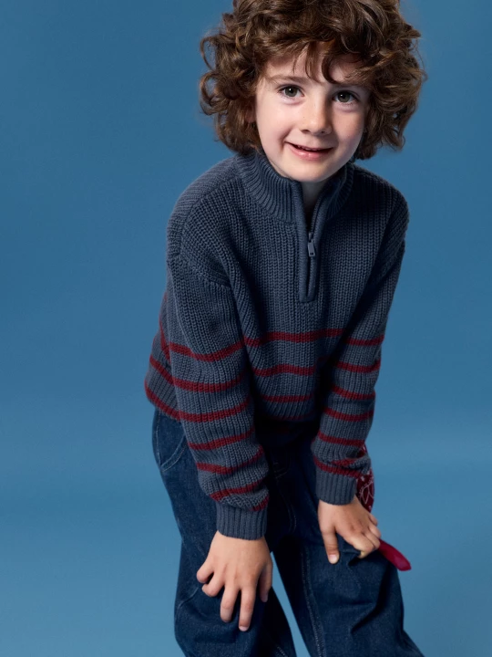 Obrázek produktu Sinsay - Bawełniany sweter half-zip w paski - granatowy