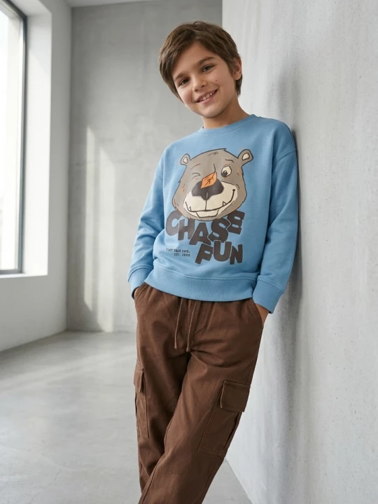Obrázek produktu Sinsay - Bluza crewneck z nadrukiem misia z dzianiny fleece - niebieski