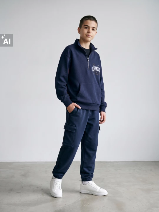 Obrázek produktu Sinsay - Dresowa bluza half-zip z napisem Los Angeles - granatowy