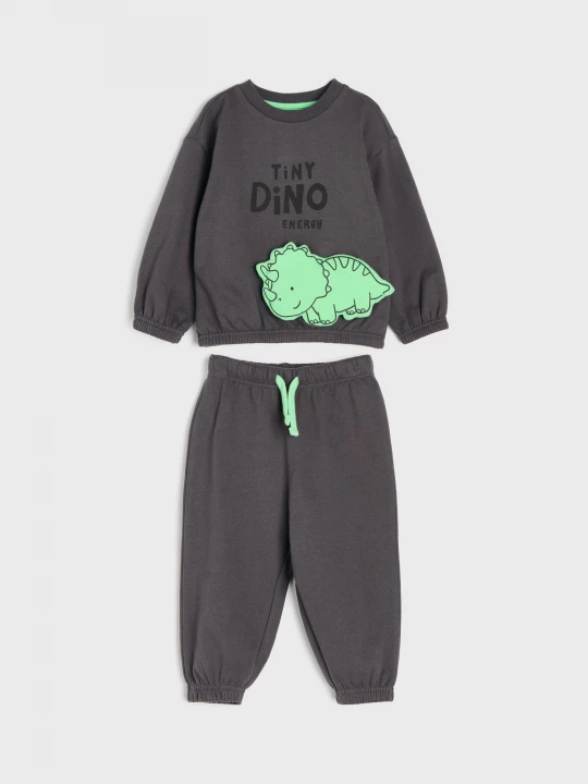Obrázek produktu Sinsay - Dwuczęściowy bawełniany komplet: bluza z dinozaurem 3D i spodnie jogger - szary