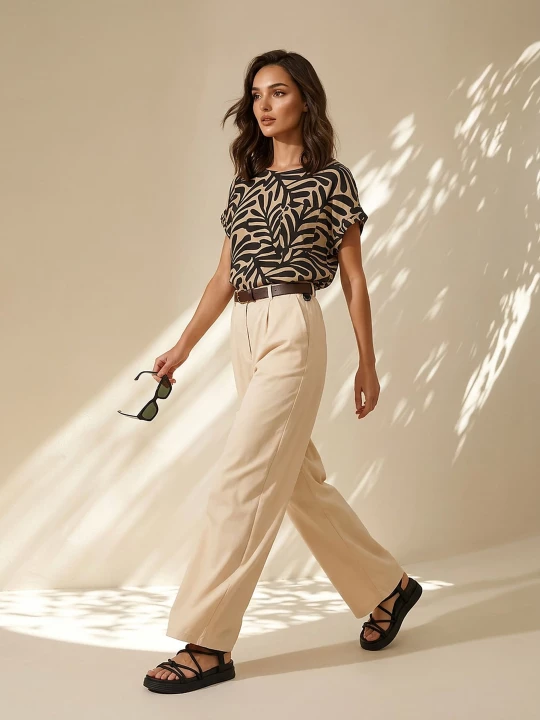 Obrázek produktu Sinsay - Elegantní wide leg kalhoty s páskem - béžová