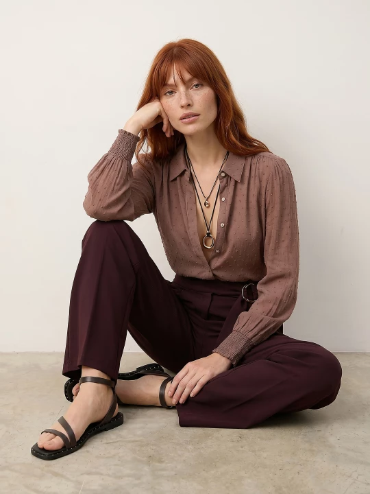 Obrázek produktu Sinsay - Wide leg kalhoty s páskem z materiálu tech-poly - burgundy