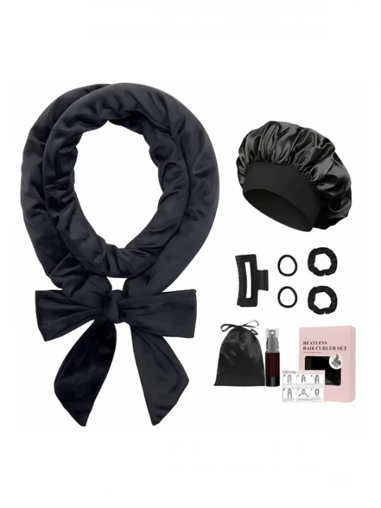 Obrázek produktu soho Hair accesoires Šperky do vlasů 'Heatless Curler Set – Velour Headband & Satin Bonnet for Overnight Curls (Black, 9-Piece)' černá