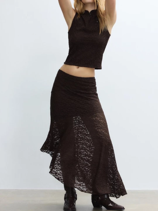 Obrázek produktu Stradivarius Asymetrická Krajková Midi Sukně Brown