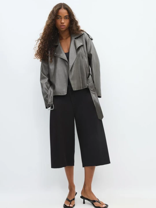 Obrázek produktu Stradivarius Bunda Biker Páskem Z Imitace Kůže Dark Grey