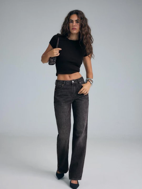 Obrázek produktu Stradivarius D92 Džíny Straight Wide S Roztržením Praná Černá