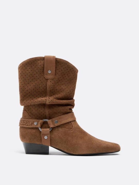 Obrázek produktu Stradivarius Děrované Kožené Kotníkové Boty Slouchy Cow Hnědá