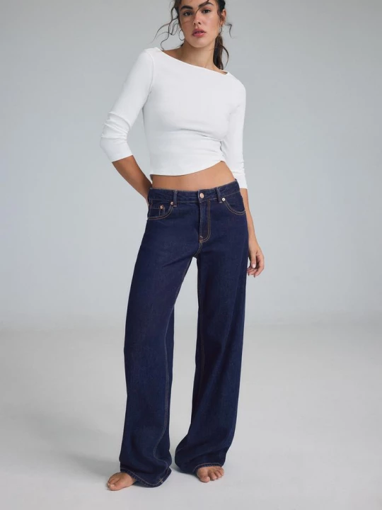 Obrázek produktu Stradivarius Džíny D91 Low Waist Široké Nohavice Velmi Tmavě Modrá / Odšlichtování