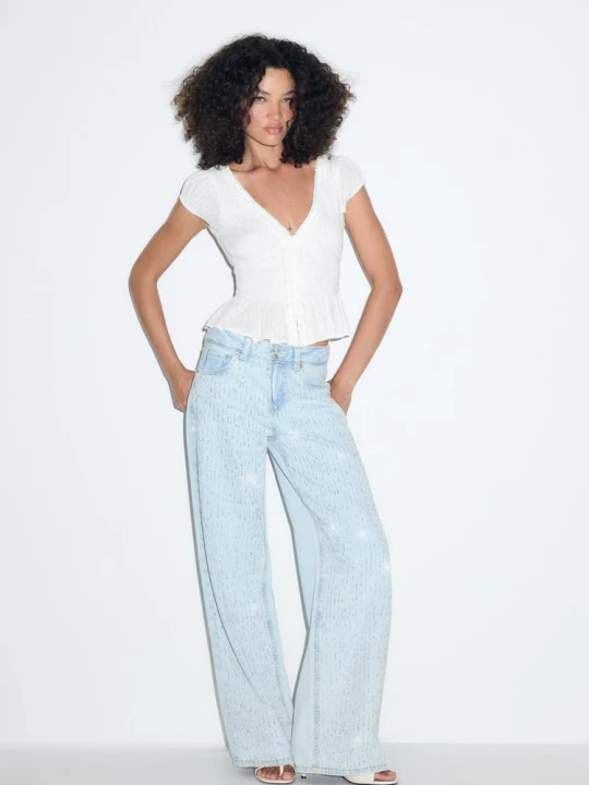 Obrázek produktu Stradivarius Džíny Low Waist Wide Leg S Leskem Světle Modrá