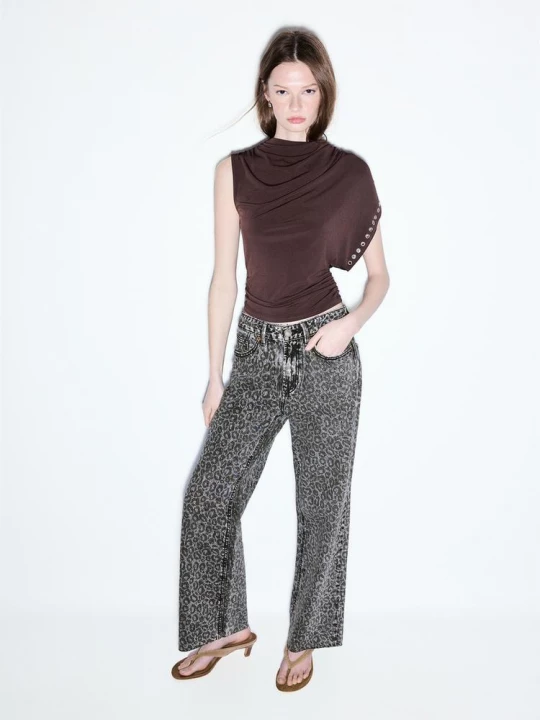 Obrázek produktu Stradivarius Jeans Straight Wide S Leopardím Potiskem Tmavě Šedá