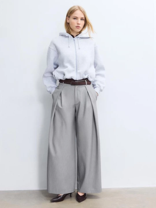 Obrázek produktu Stradivarius Kalhoty Se Širokými Nohavicemi, Záševky A Páskem Grey Melange